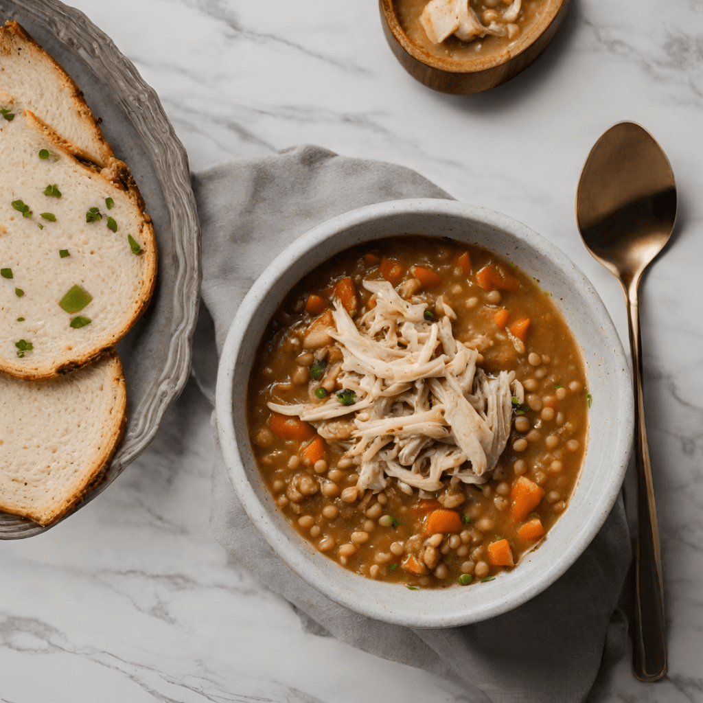 Bowl of Chicken Lentil Soup with Lentils Cooked in Chicken Broth Made From Scratch next to slices of bread