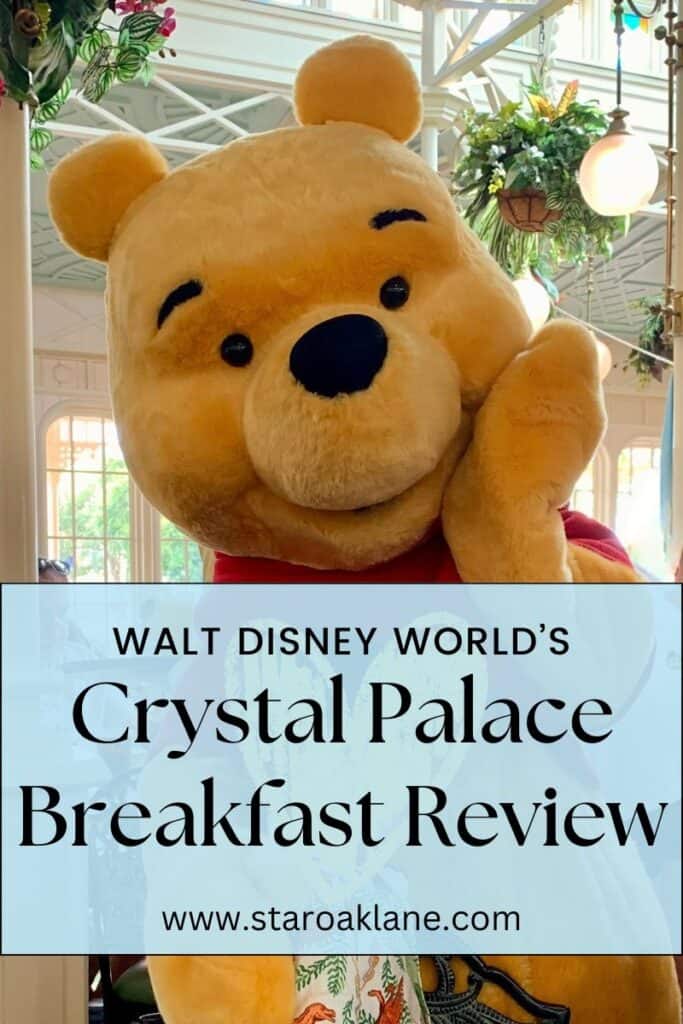 Pinterest graphic of Winnie the Pooh at Disney World's The Crystal Palace Breakfast buffet