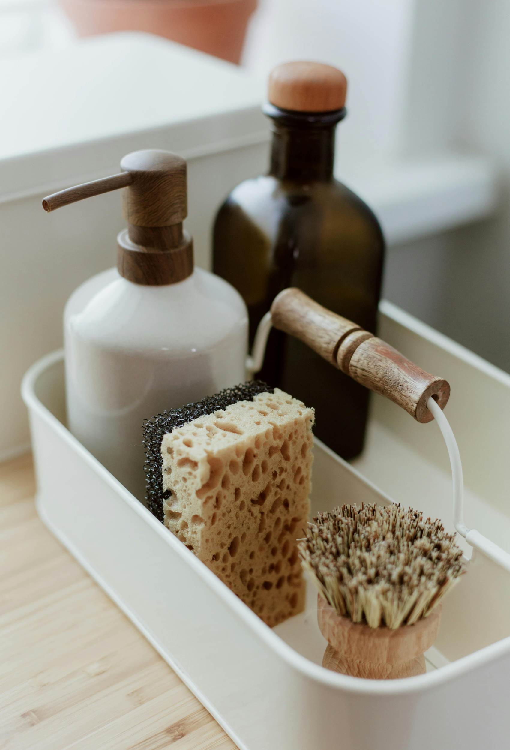 sponge brush and soaps for cleaning and organizing