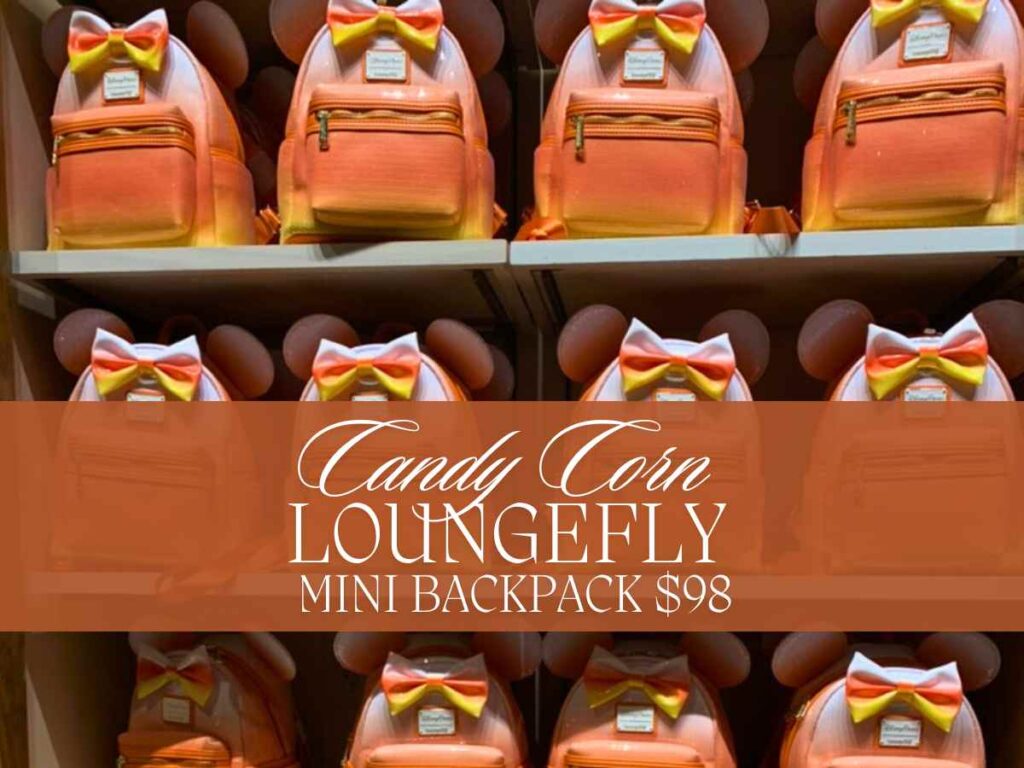 Loungefly Mini Backpack for Halloween  2024 Candy Corn theme that matches the Candy Corn Mickey ears and the Starbucks tumbler