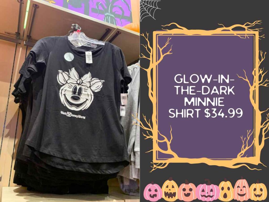 Women's black t-shirt with glow-in-the-dark Minnie Jack-o-Lantern for Disney Halloween Merchandise 2024