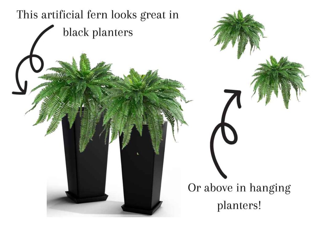all season porch decor artificial ferns and black planters from Amazon