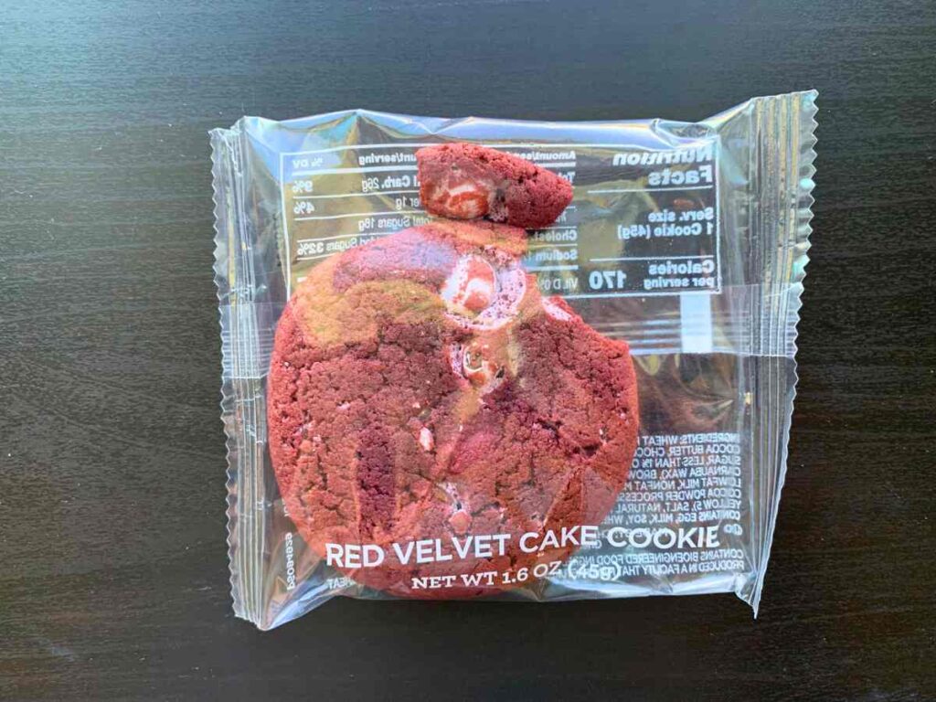 A free cookie, red velvet cake cookie, found at Mickey's Very Merry Christmas