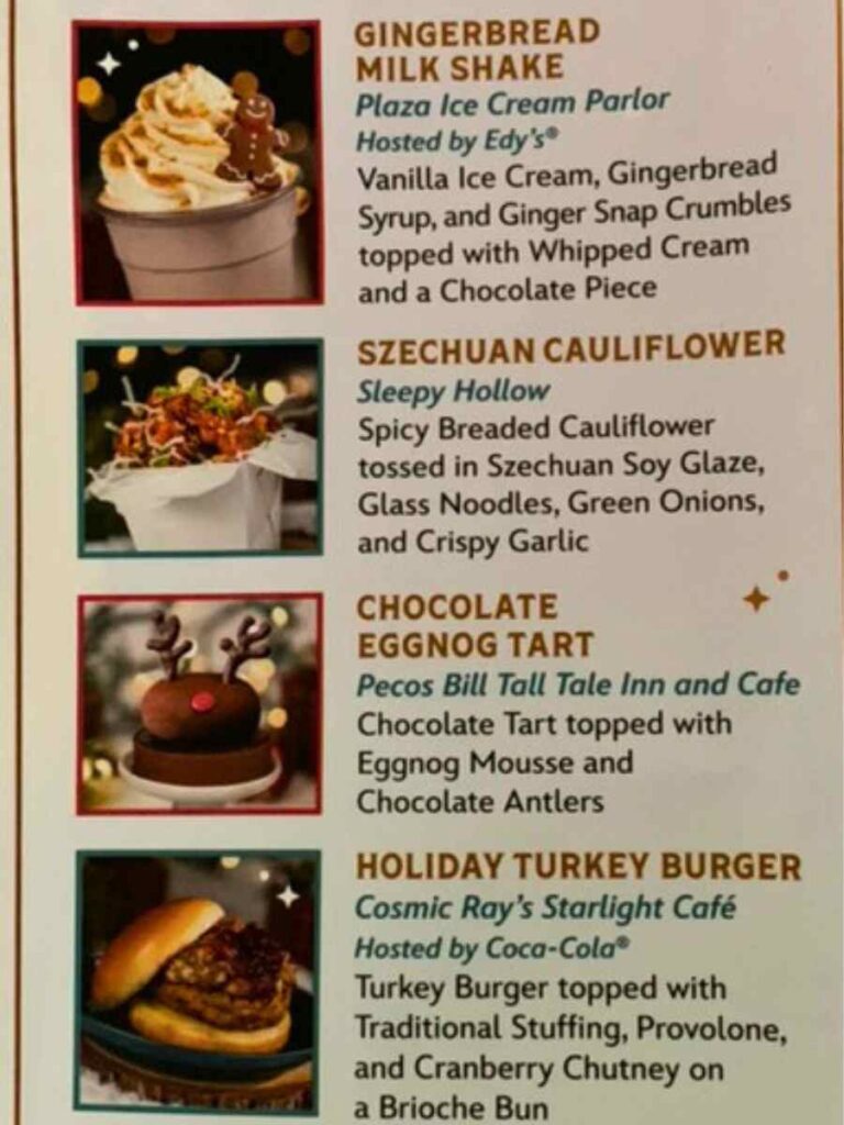 Pictures and short description of feature food from the Mickey's Christmas Party brochure