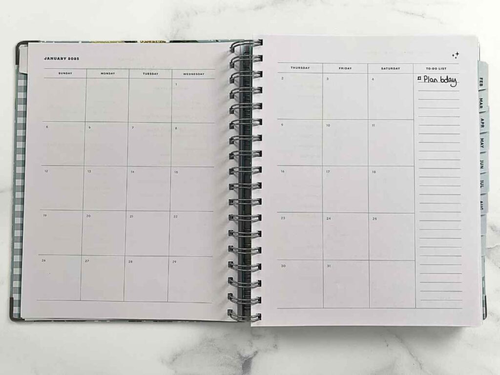 A sample image of how the Clean Mama monthly calendar looks like in the 2025 planner