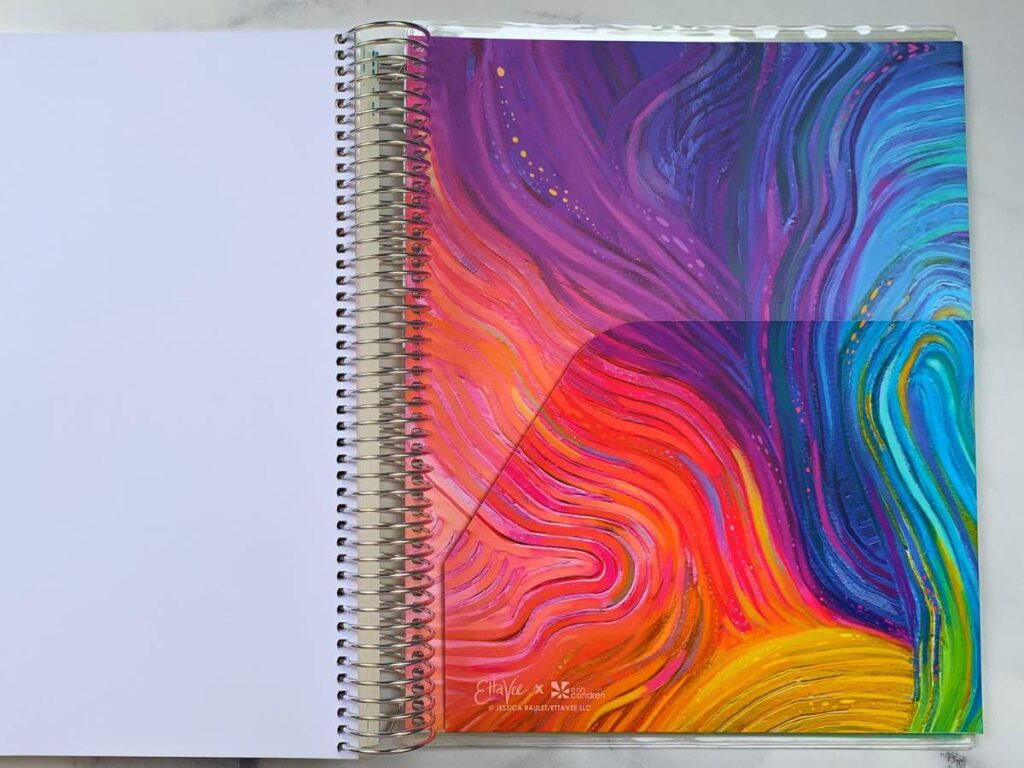 The colorful and sturdy folder found at the back of the planner