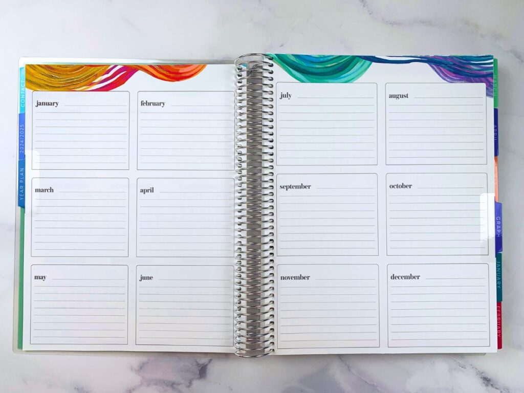 Two pages in the teacher planner that include 12 months of outlined boxes for goals, lists, or notes