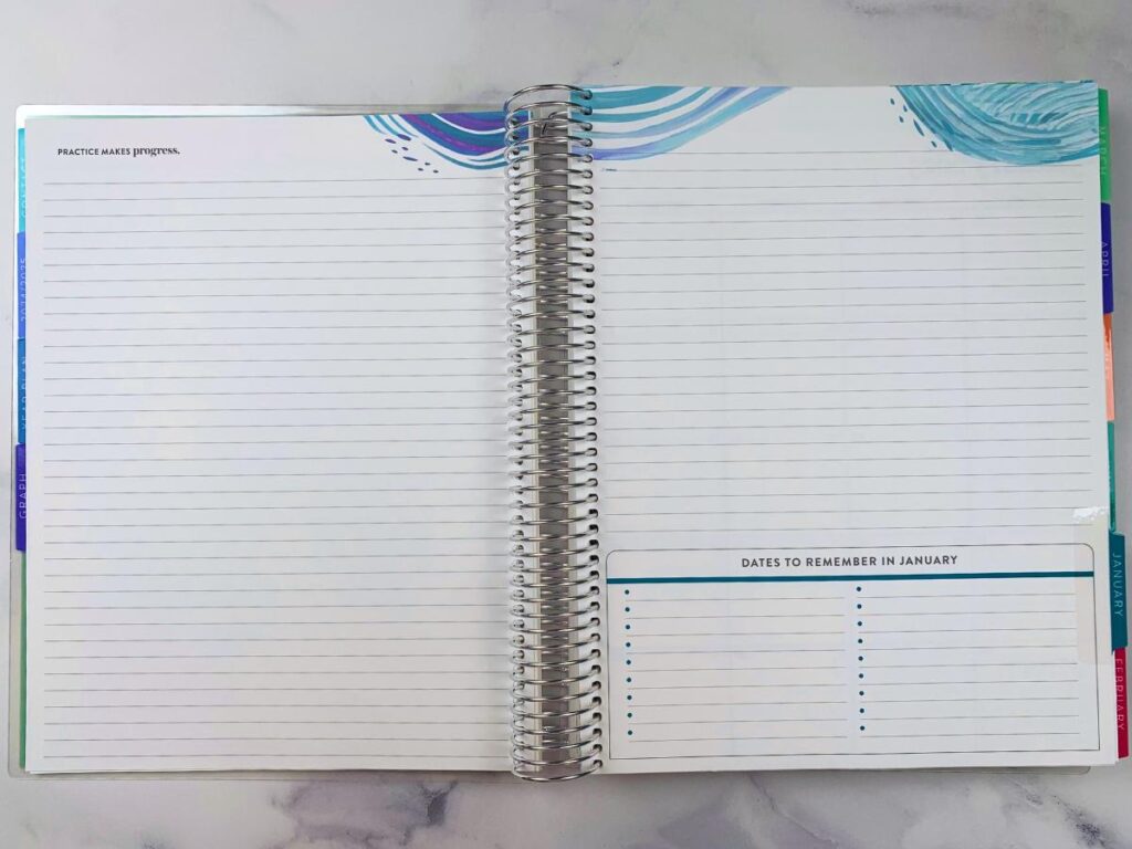 January's lined notes pages found right before the monthly calendar