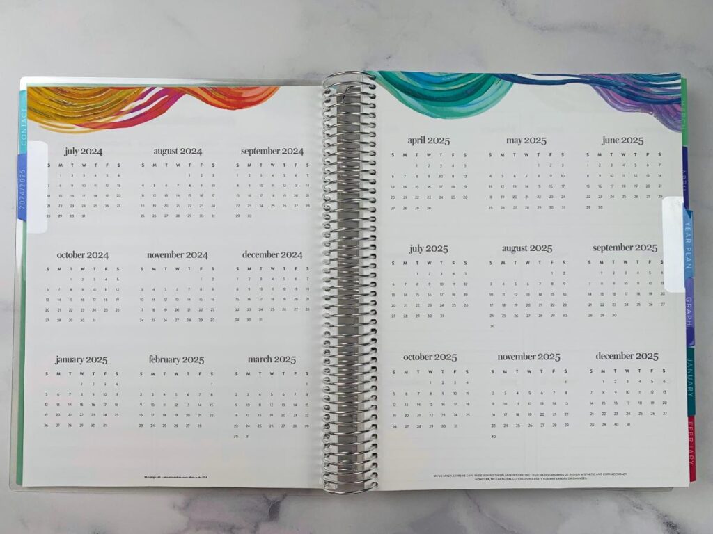 The yearly overview with 18 months for 2024 and 2025 on a two page spread