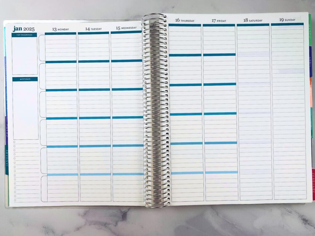 A sample page of the weekly layout of the teacher planner with the vertical option