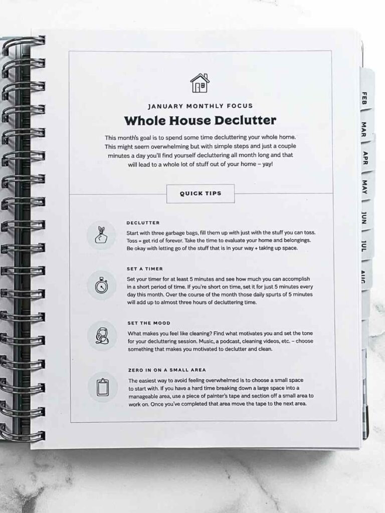 The January task page for the beginning of the first month in the planner