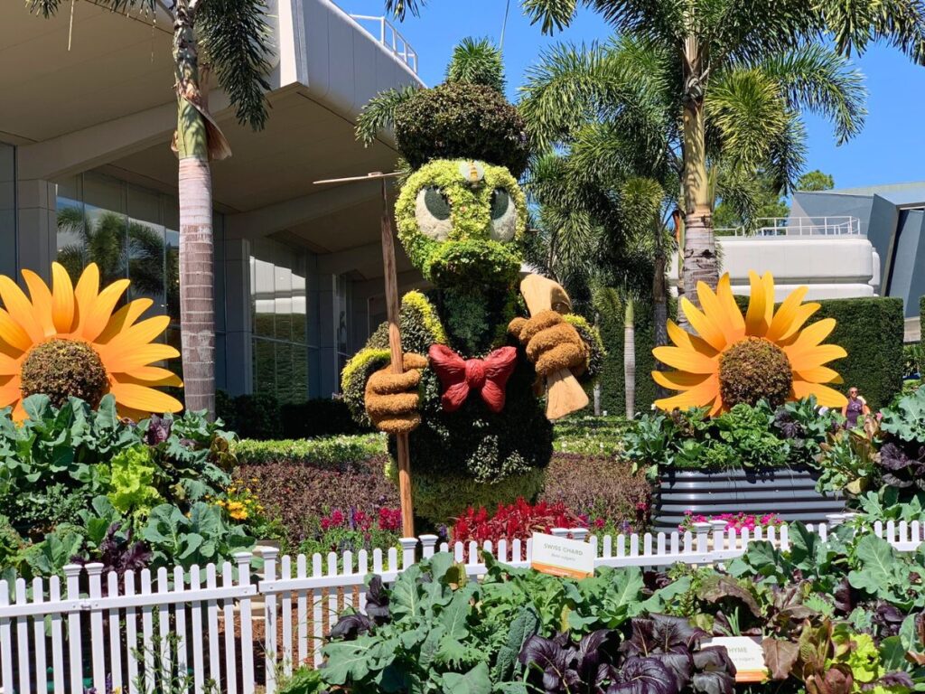 Donald Duck topiary standing between two sunflowers, with a bee on his head