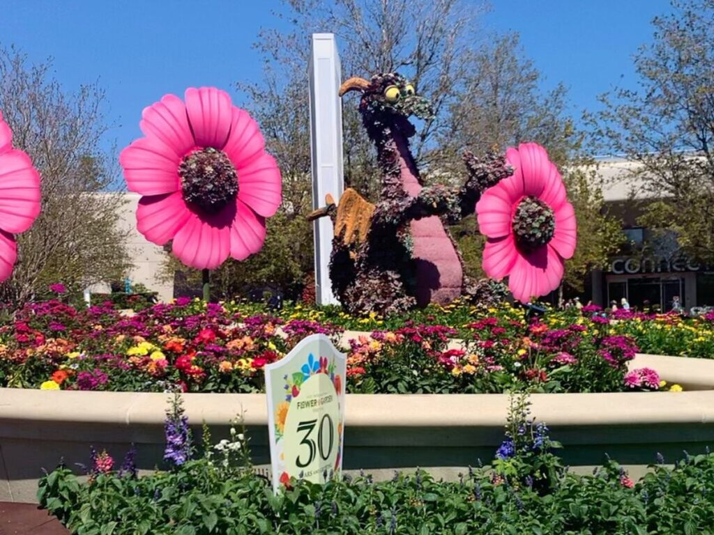 Figment topiary between large pink flowers at the EPCOT Flower and Garden Festival