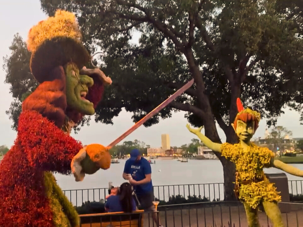 Disney topiaries from the movie Peter Pan, including fan favorite Peter Pan who is fighting Captain Hook. Captain Hook is wearing his iconic large red overcoat, his pirate's hat with large white feather, and is holding his sword out towards Peter Pan.
